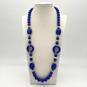 Vintage Lucite Blue & Gold Bead Necklace Costume Jewelry‎ Bold Statement New